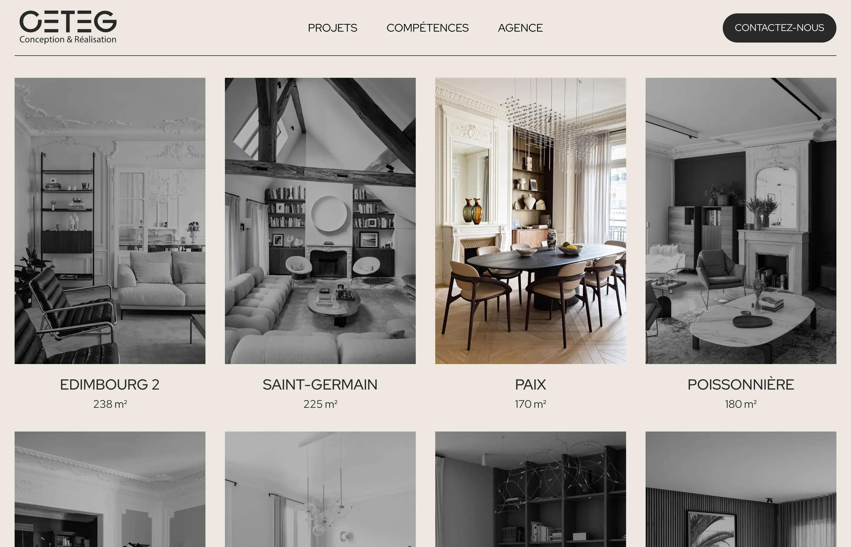 Grille de projets du site CETEG en noir et blanc, chaque vignette nommée par quartier parisien et surface
