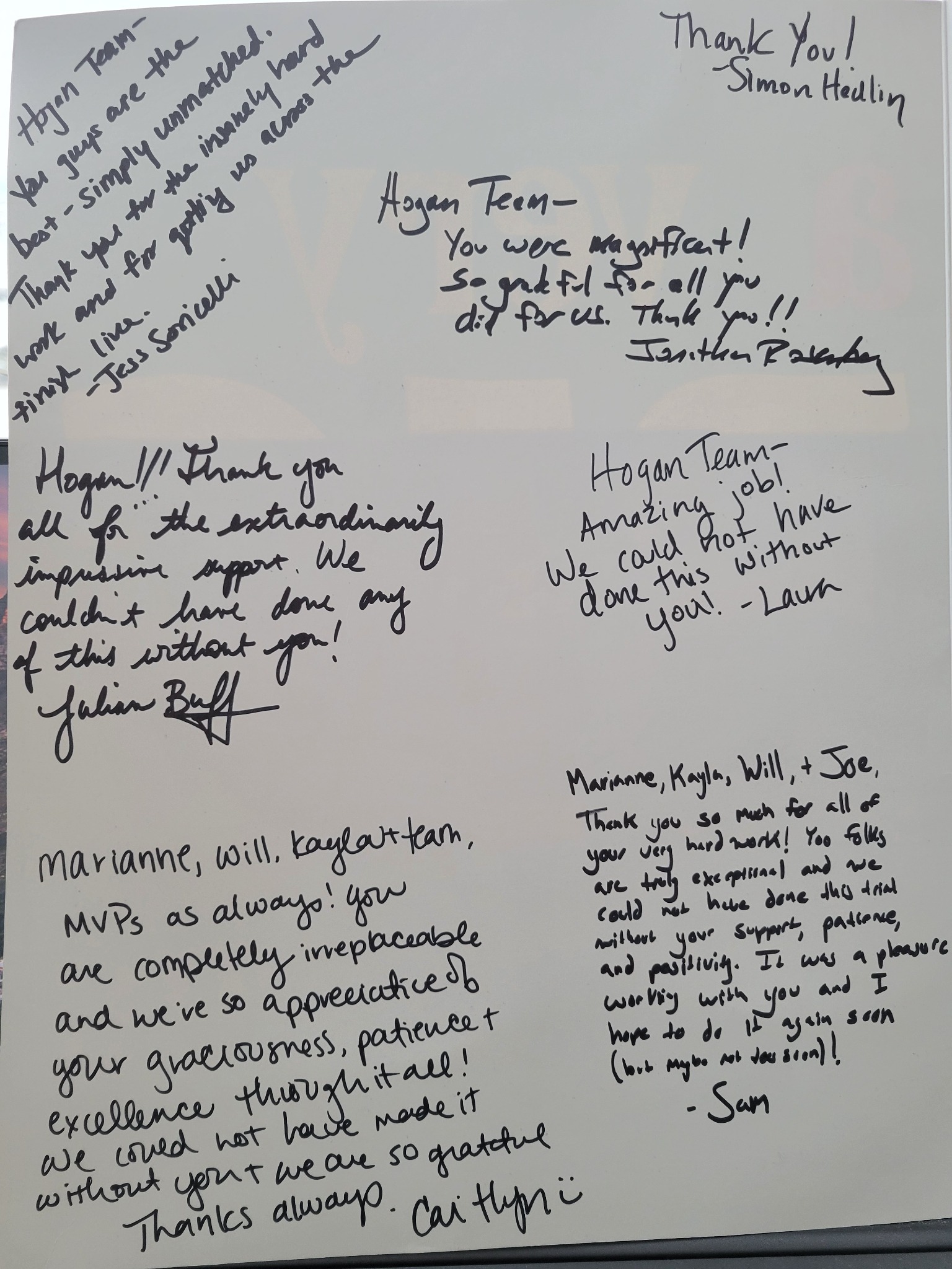 Handwritten client messages thanking the Hogan team for trial support