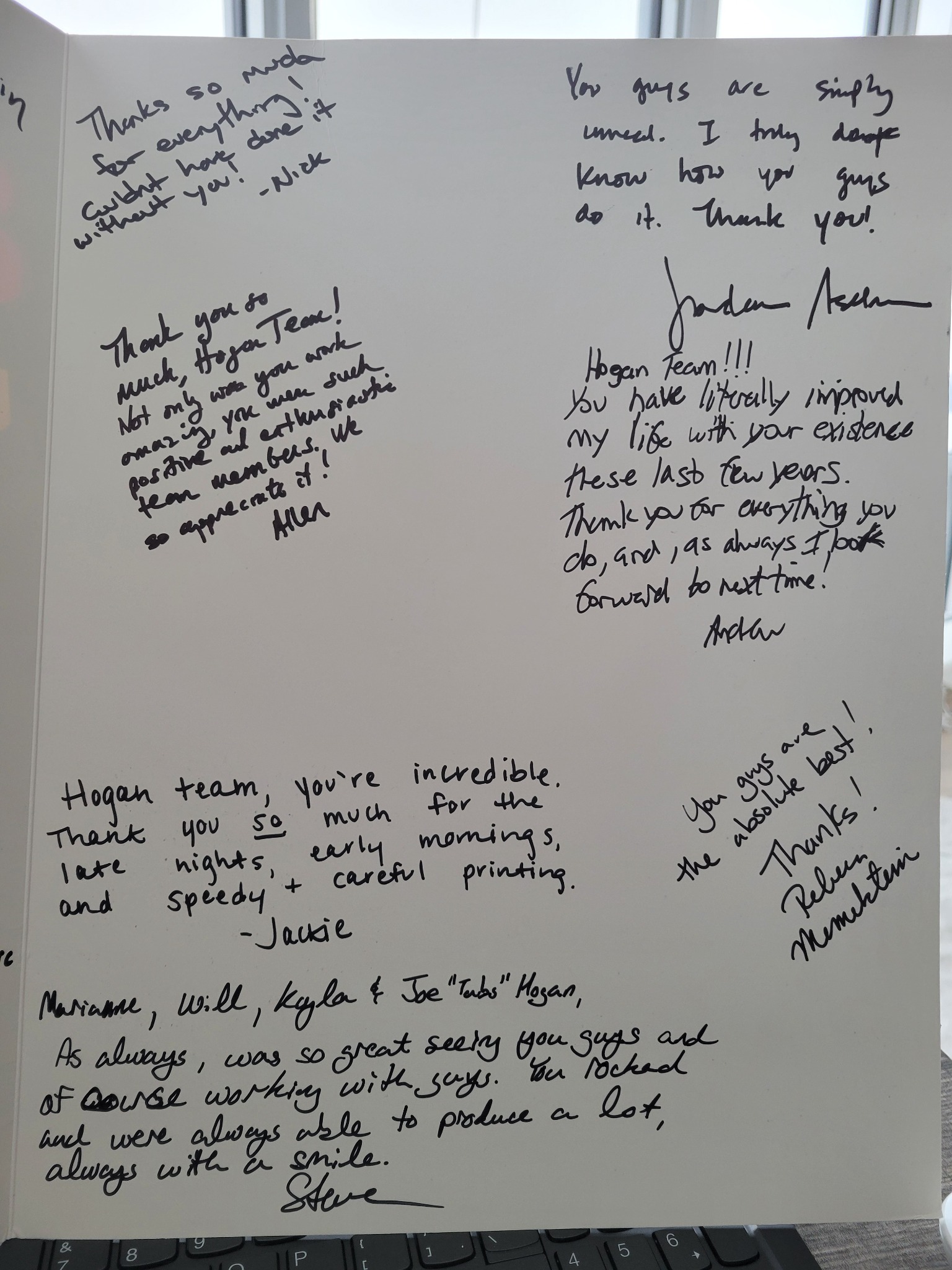 Additional handwritten client messages recognizing the Hogan trial-support team