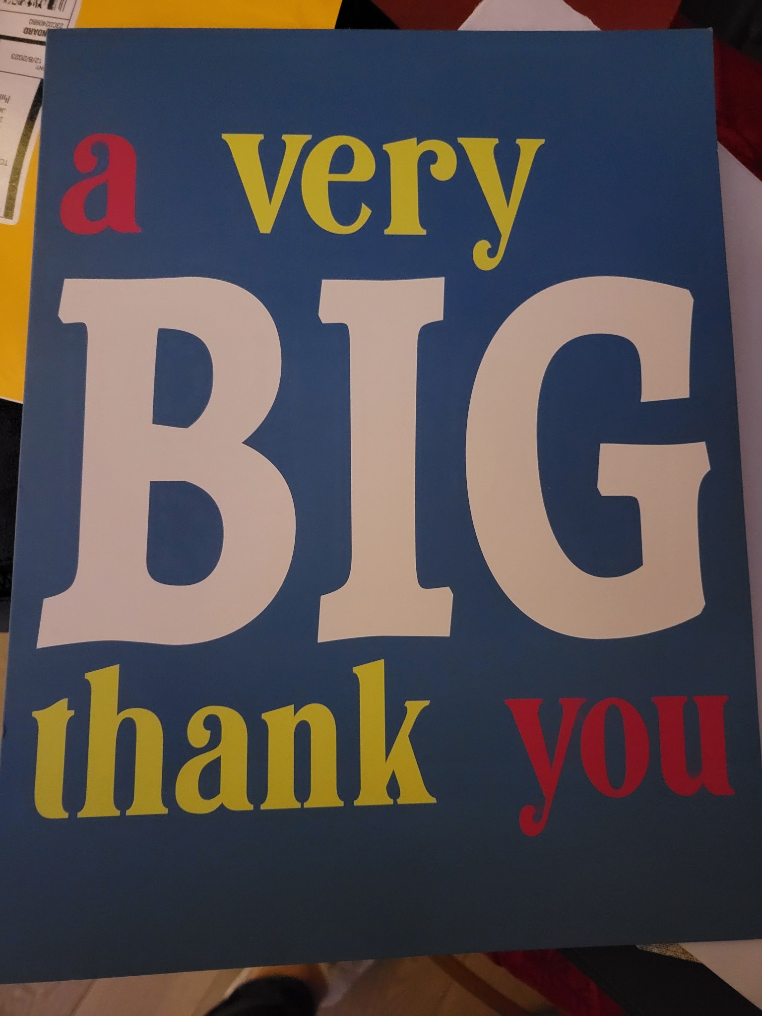 Colorful client card reading a very big thank you