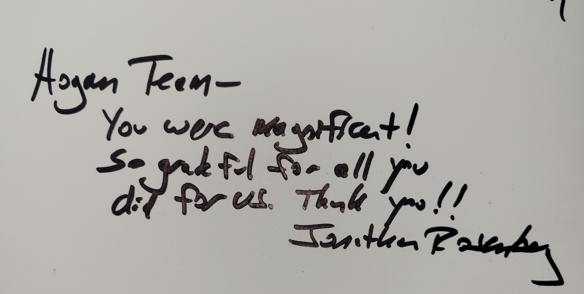 Handwritten client note expressing gratitude to the Hogan team