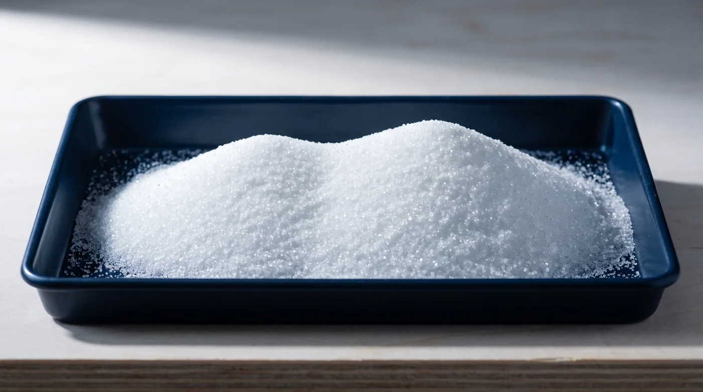 Numune tepsisinde rafine beyaz şeker kristalleri