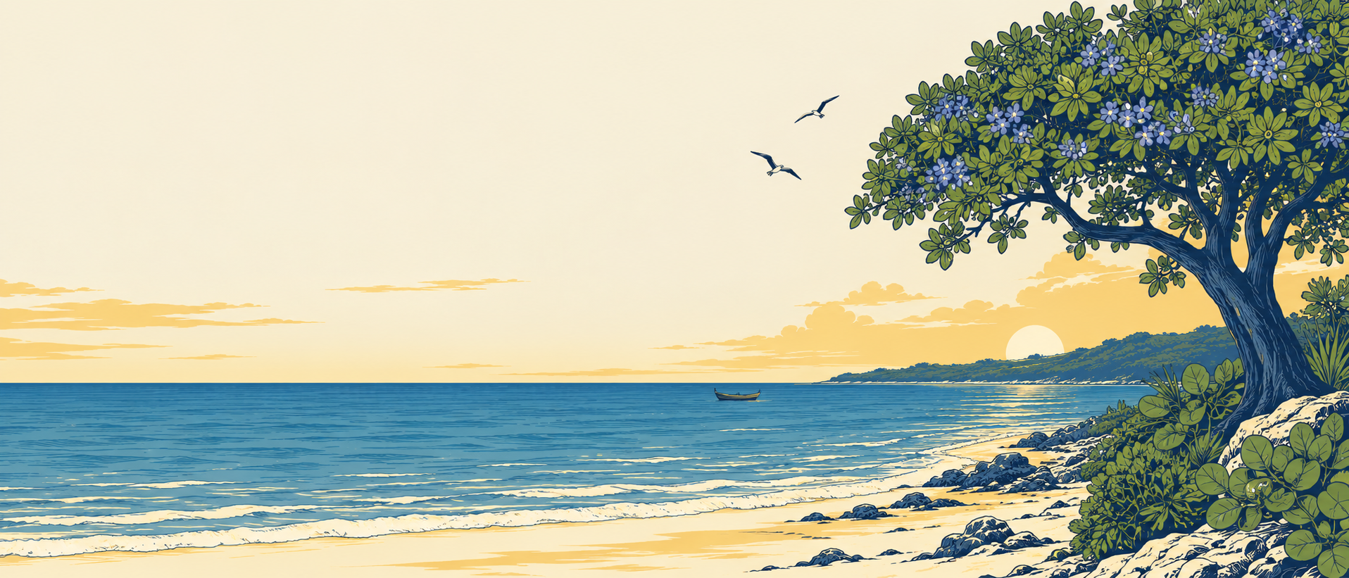 The coastline at Black River, St Elizabeth, with a lignum vitae tree in flower above the shore