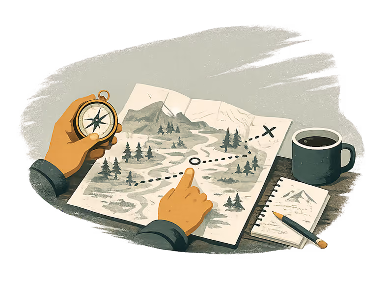 Hands holding a compass and pointing to a map with a trail leading to an X mark, with a coffee cup and notebook nearby.