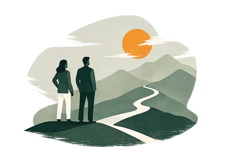 Illustration of a man and woman standing on a hill looking at a winding path toward an orange sun over distant mountains.