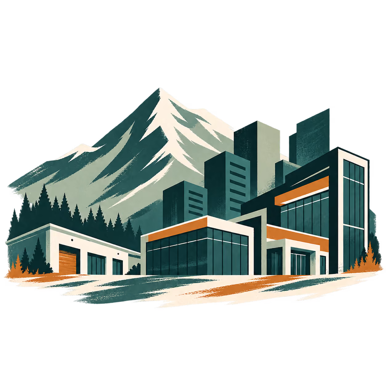 Stylized commercial buildings in front of a snowy mountain and pine trees.