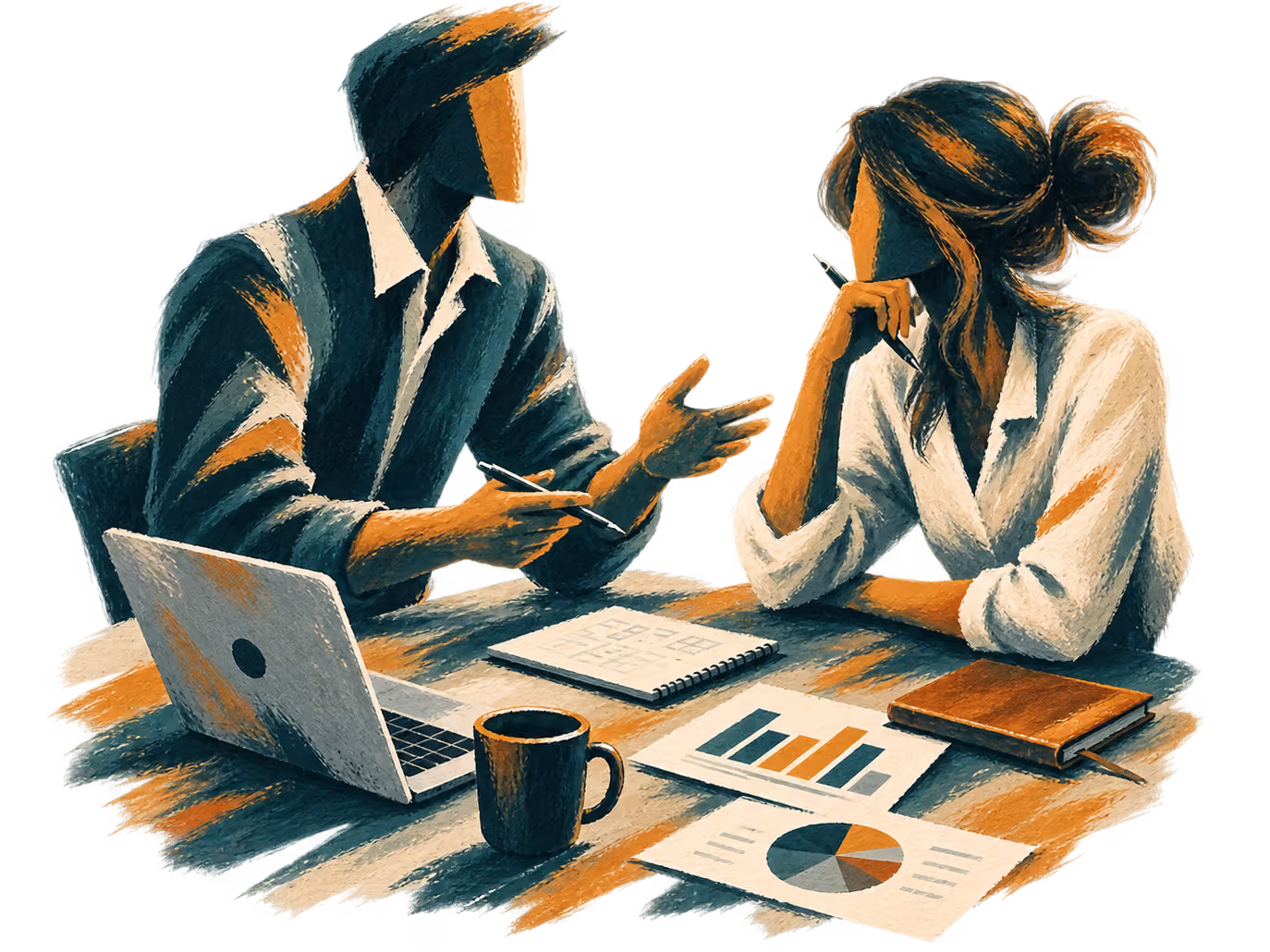 Illustration of two people discussing charts and notes at a desk with a laptop and coffee mug.