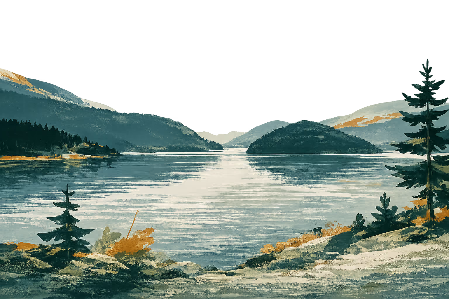 Painted landscape of a calm lake surrounded by mountains and trees with orange foliage.