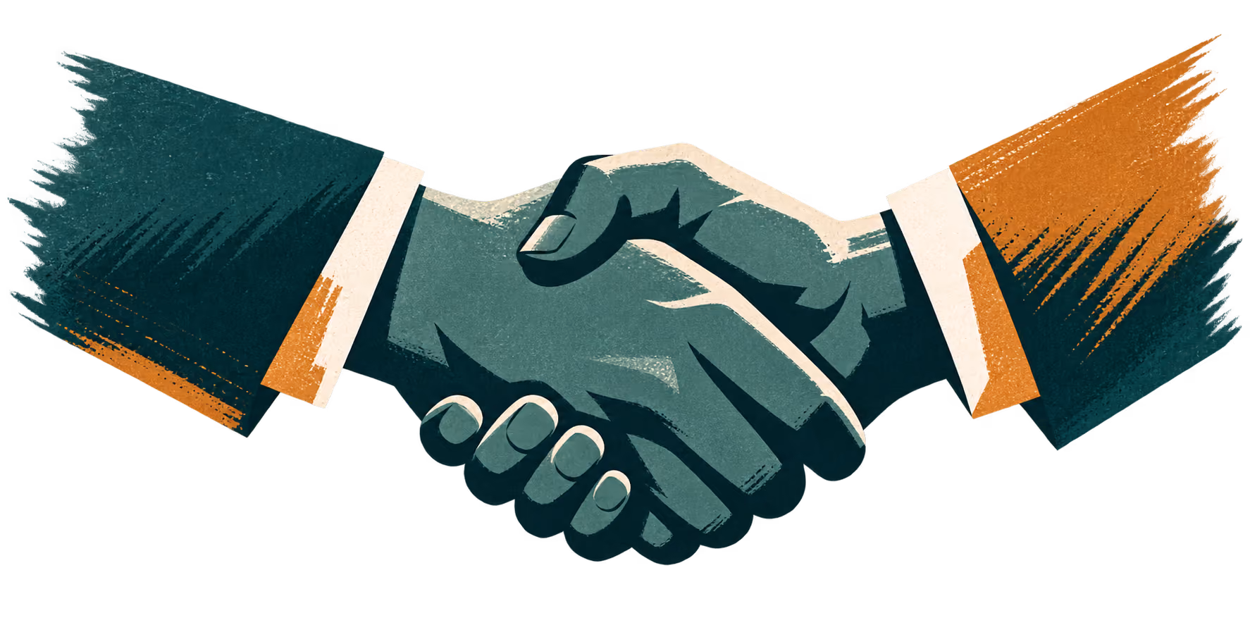 Illustration of two hands in a handshake, both wearing suit sleeves with contrasting colors.