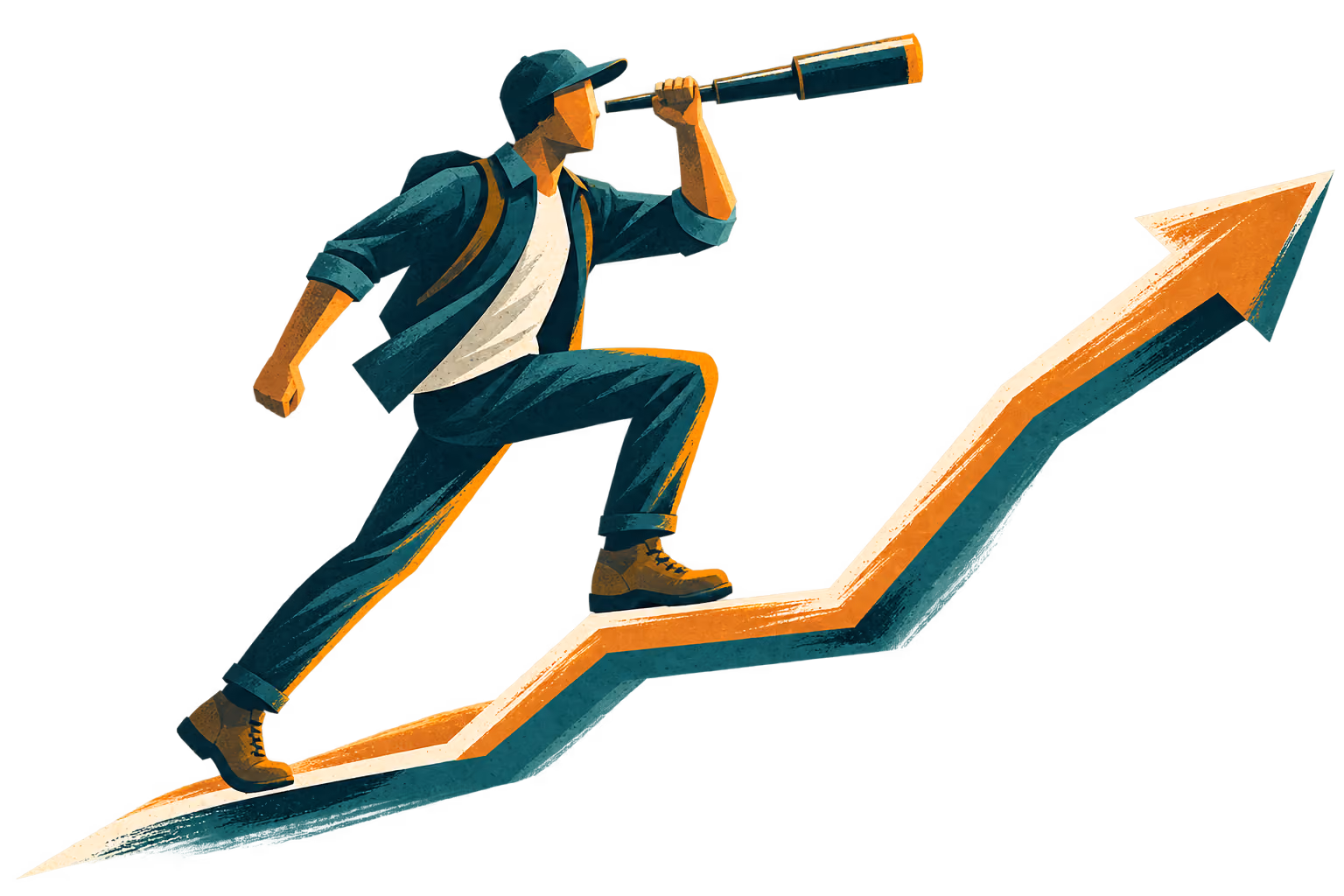 Illustration of a man stepping up an orange arrow while looking through a telescope.