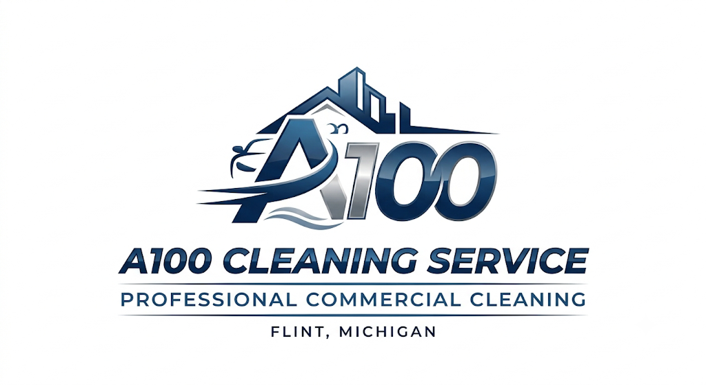 Logo for A100 Cleaning Service featuring a stylized letter A with swoosh, roofline outline, and three building silhouettes above, accompanied by text 'A100 Cleaning Service', 'Professional Commercial Cleaning', and 'Flint, Michigan'.
