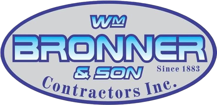 Oval logo with blue gradient text reading 'WM BRONNER & SON Contractors Inc. Since 1883' on a light gray background.
