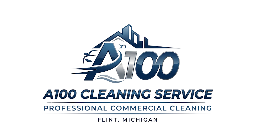 Logo for A100 Cleaning Service featuring a stylized A100 with a city skyline, car, and water elements above, and text below reading 'A100 Cleaning Service', 'Professional Commercial Cleaning', and 'Flint, Michigan'.