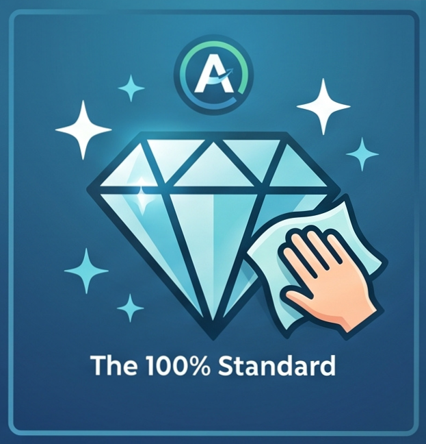 Illustration of a sparkling diamond being polished by a hand with a cloth, surrounded by shining stars, with text below stating 'The 100% Standard' against a blue background.