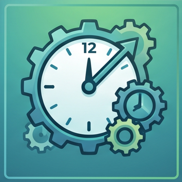 Illustration of four interlocking gears with clock faces, the largest gear showing the time as 12:05, symbolizing dependability and precise timing.