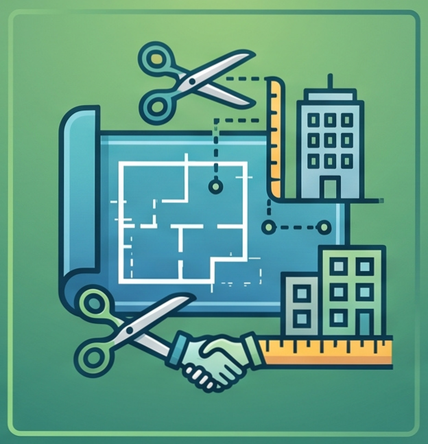Illustration showing a building blueprint with white lines on a blue rolled-out plan, surrounded by two pairs of scissors, two yellow rulers, and two building icons; at the bottom center, two hands shaking in front of the blueprint.