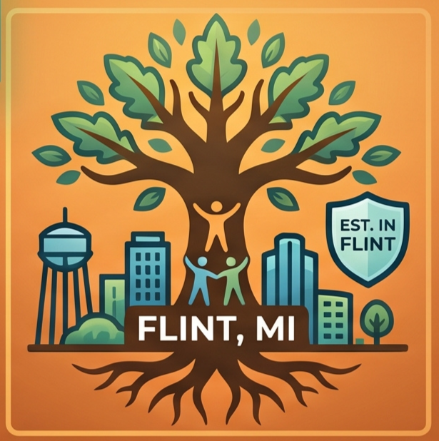 Illustration of a large tree with extensive roots, people figures at the trunk, and green leaves above a city skyline including buildings and a water tower, with a shield labeled 'EST. IN FLINT' and text 'FLINT, MI' below.