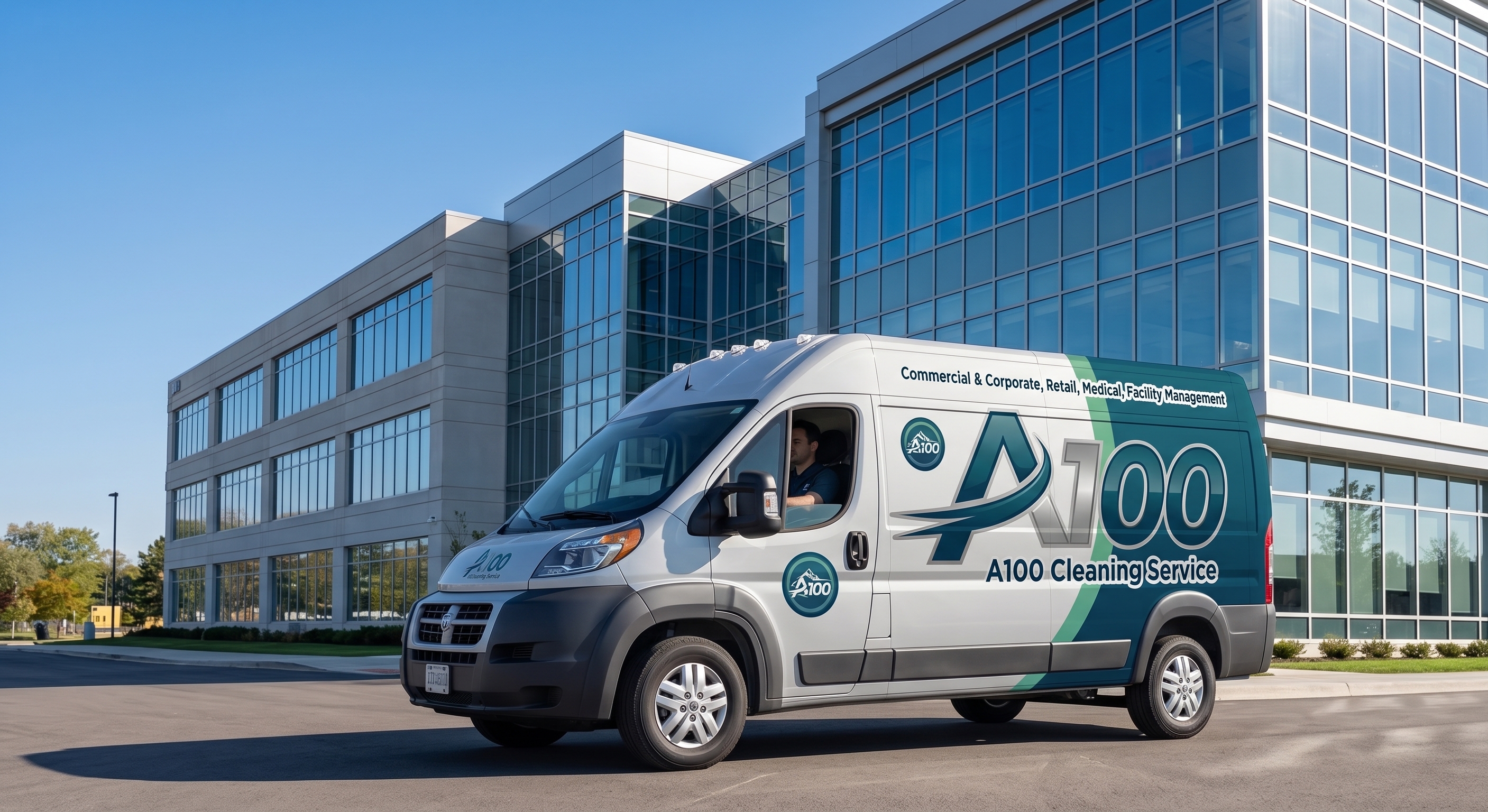 White commercial van with teal and green branding for A100 Cleaning Service parked in front of a modern glass office building, with a driver visible inside.