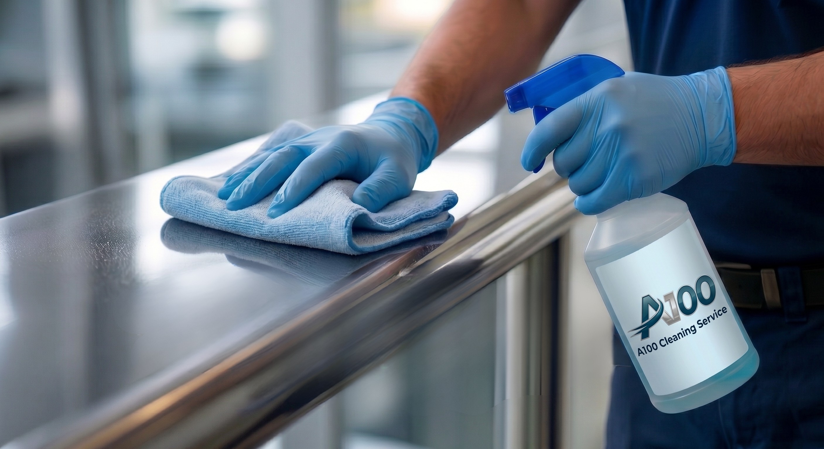 A person wearing blue gloves cleaning a shiny metal surface with a blue cloth while holding a spray bottle labeled 'A100 Cleaning Service'.