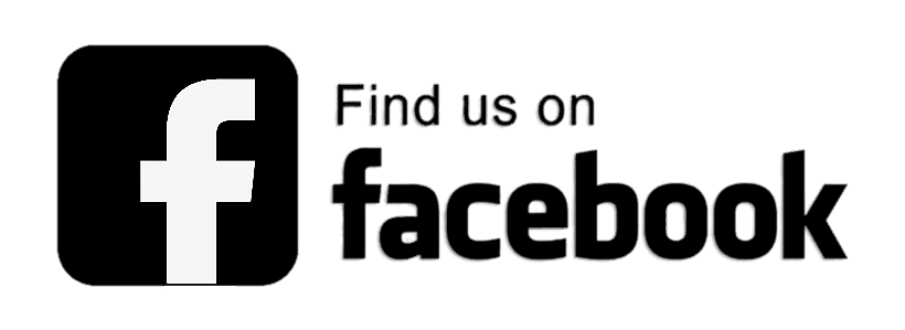 Facebook logo with text 'Find us on facebook' in black and white.