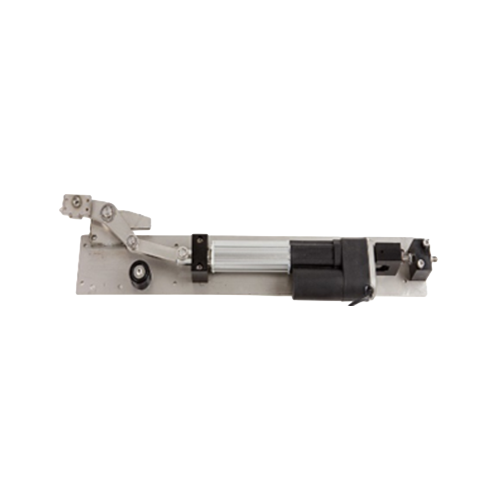 Linear actuator mounted on a metal plate with mechanical linkage arms and black motor housing.