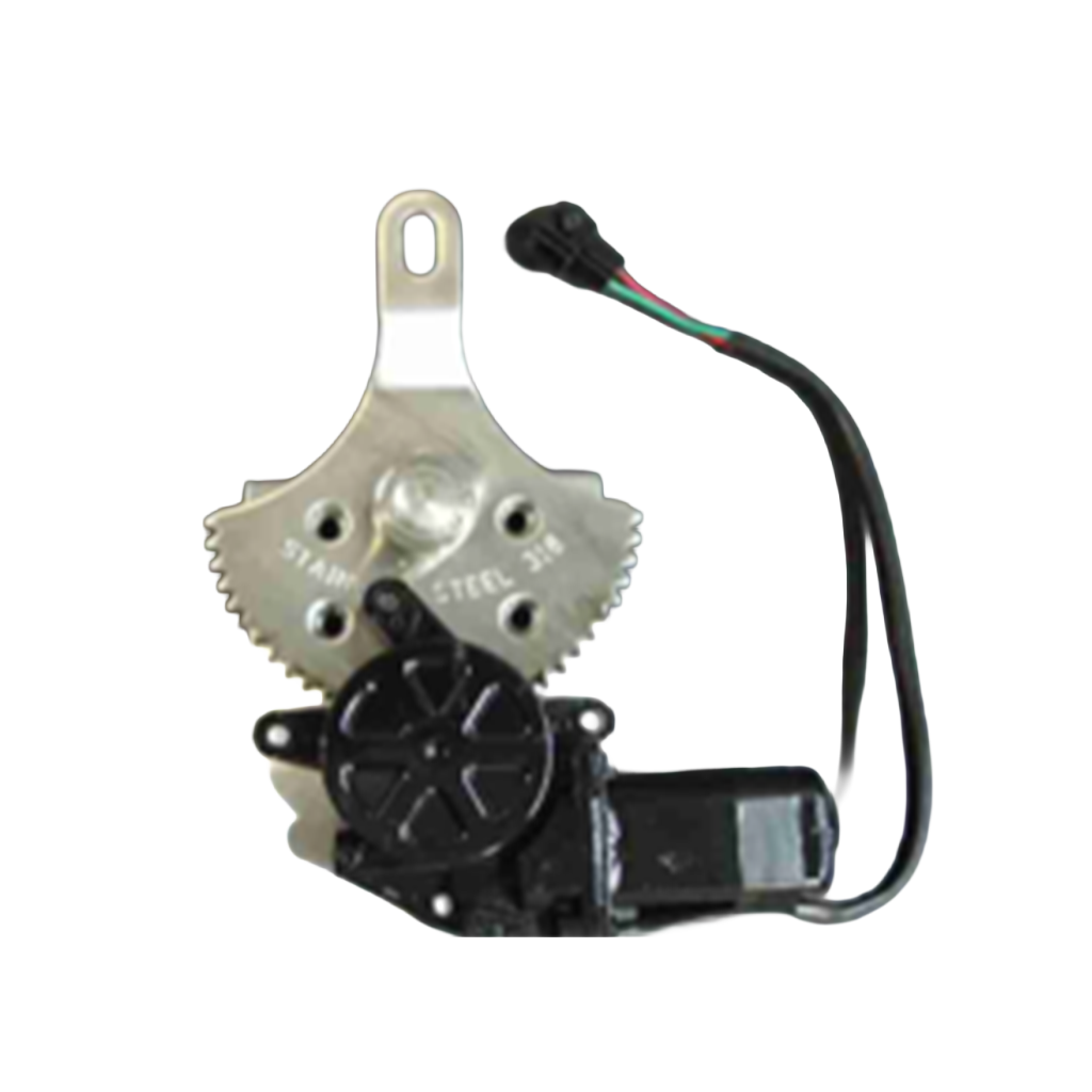 Electric motor with attached metal gear and wired connector on gray surface.