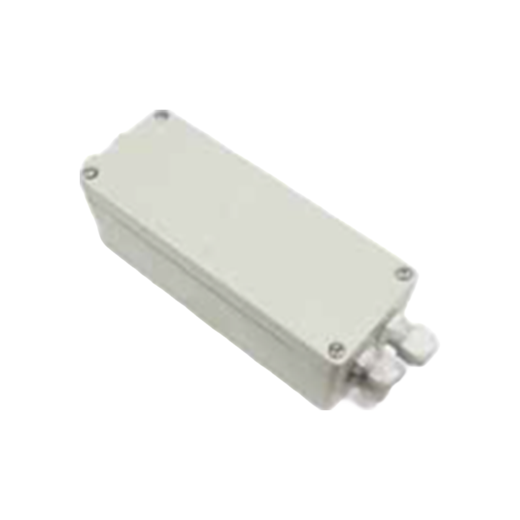 Rectangular gray metal electrical junction box with two cable connectors on one end.