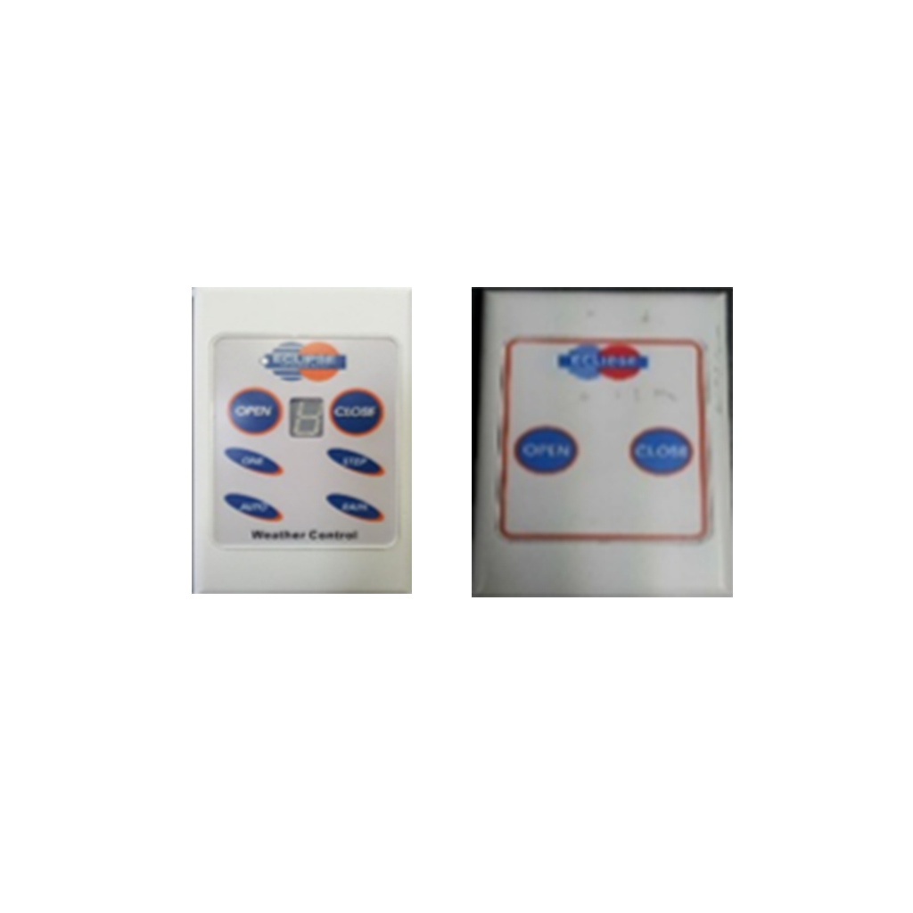 Two rectangular white control panels with blue and orange buttons labeled Open, Close, On, Stop, Auto, Rain.