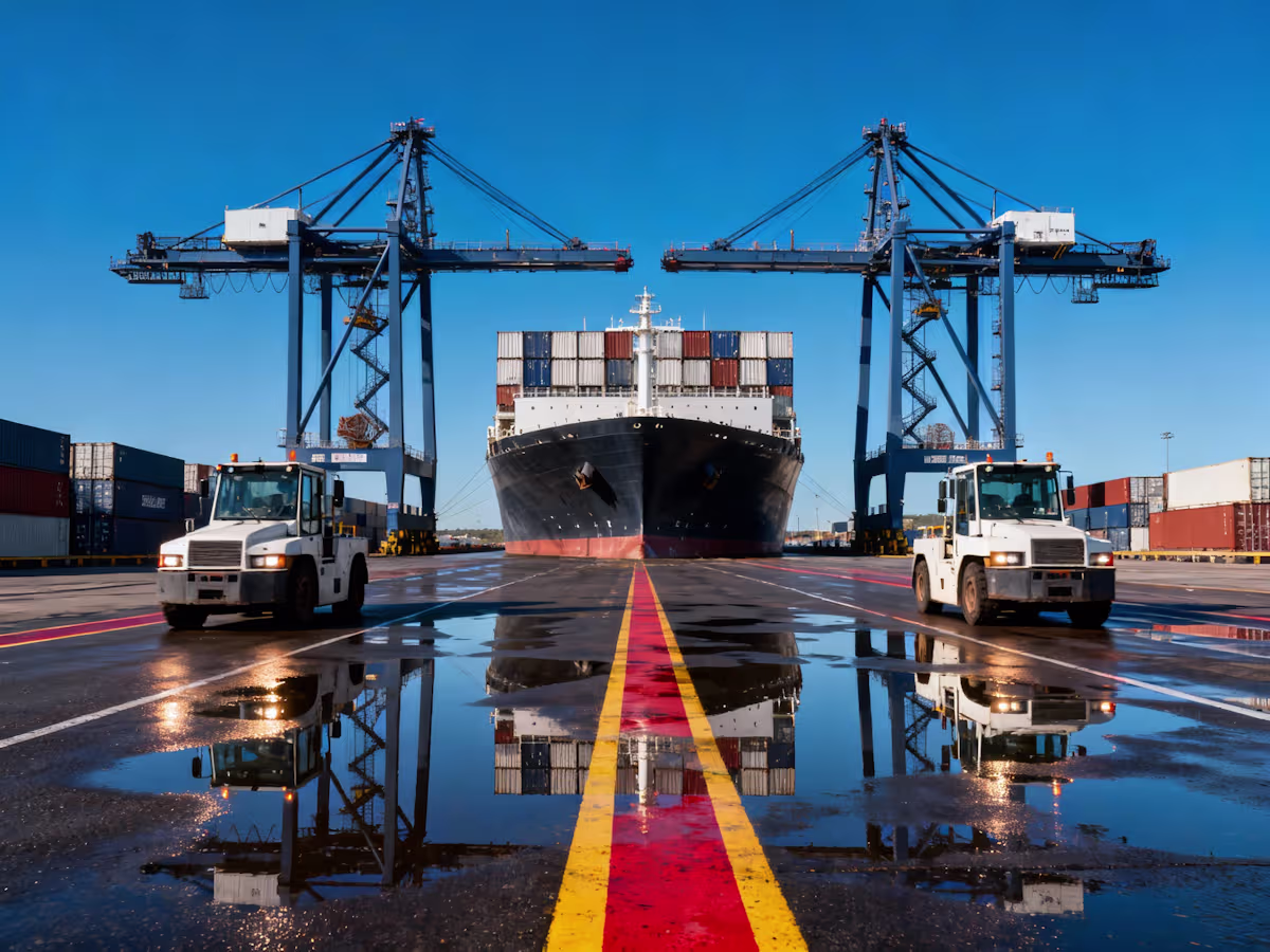 Large cargo ship loaded with containers docked at port with two white terminal trucks and gantry cranes reflected in wet dock surface.
