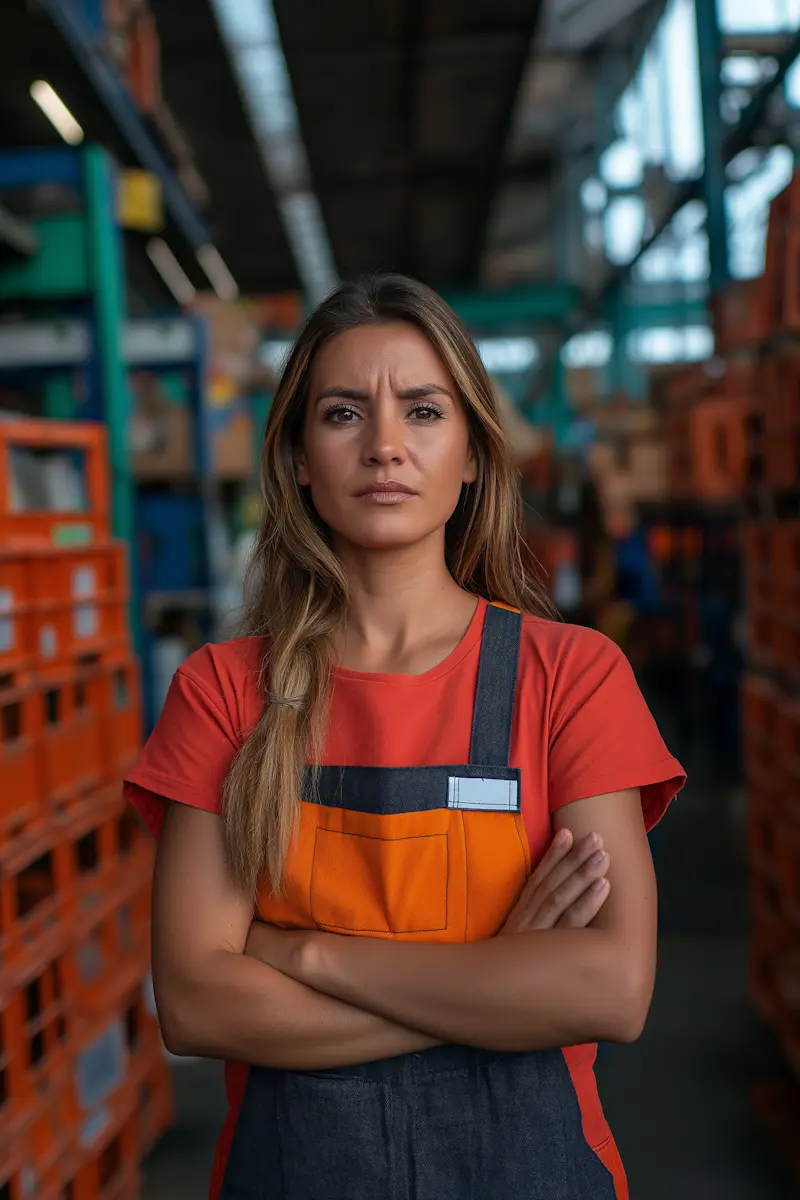 Confident woman with long hair wearing an orange shirt and dark apron standing with crossed arms in a warehouse with shelves and orange crates.