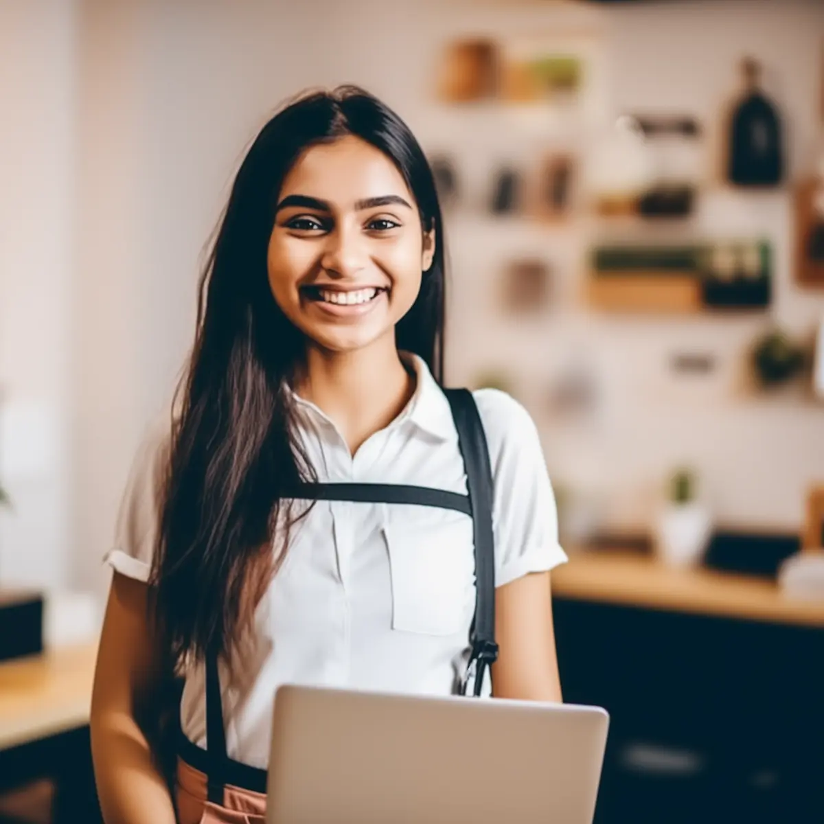 Smiling young South Asian woman with long dark hair wearing a white shirt and backpack straps, holding a laptop in a modern indoor setting.