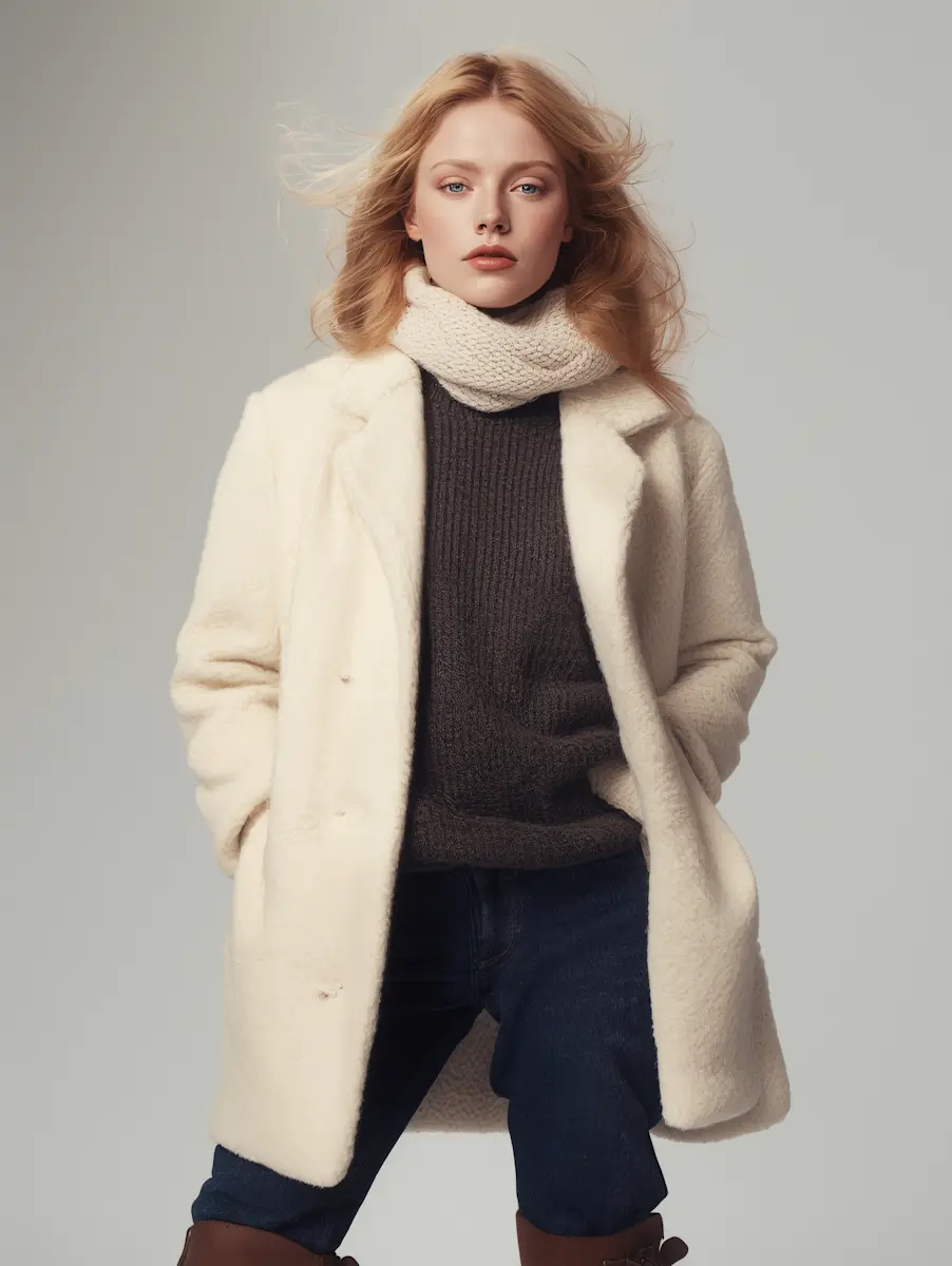 Blonde woman with wavy hair wearing a white faux fur coat, gray knit sweater, cream scarf, dark jeans, and brown boots standing against a plain gray background.