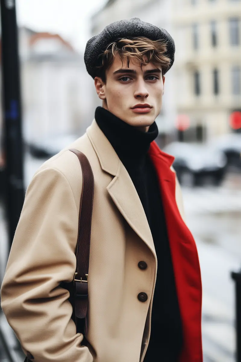 Young man wearing a beige coat with a red inner lining, black turtleneck, dark textured beret, and a brown shoulder bag, standing outdoors with an urban blurred background.