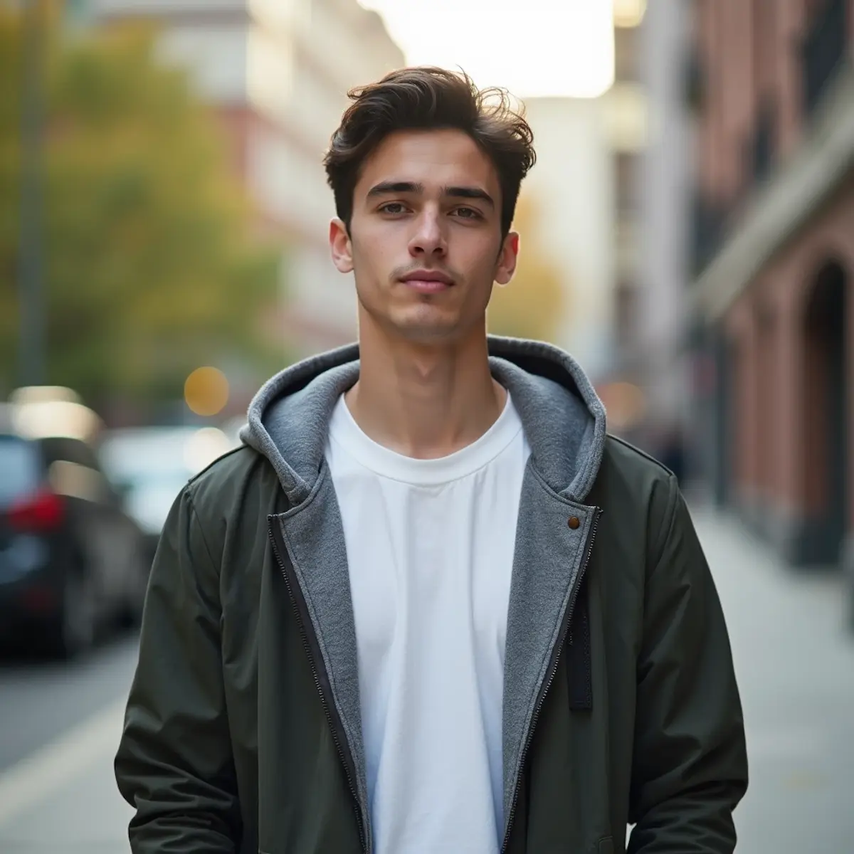 Young man with dark hair standing on a street, wearing a white shirt and a green jacket with a grey hood, looking directly at the camera.