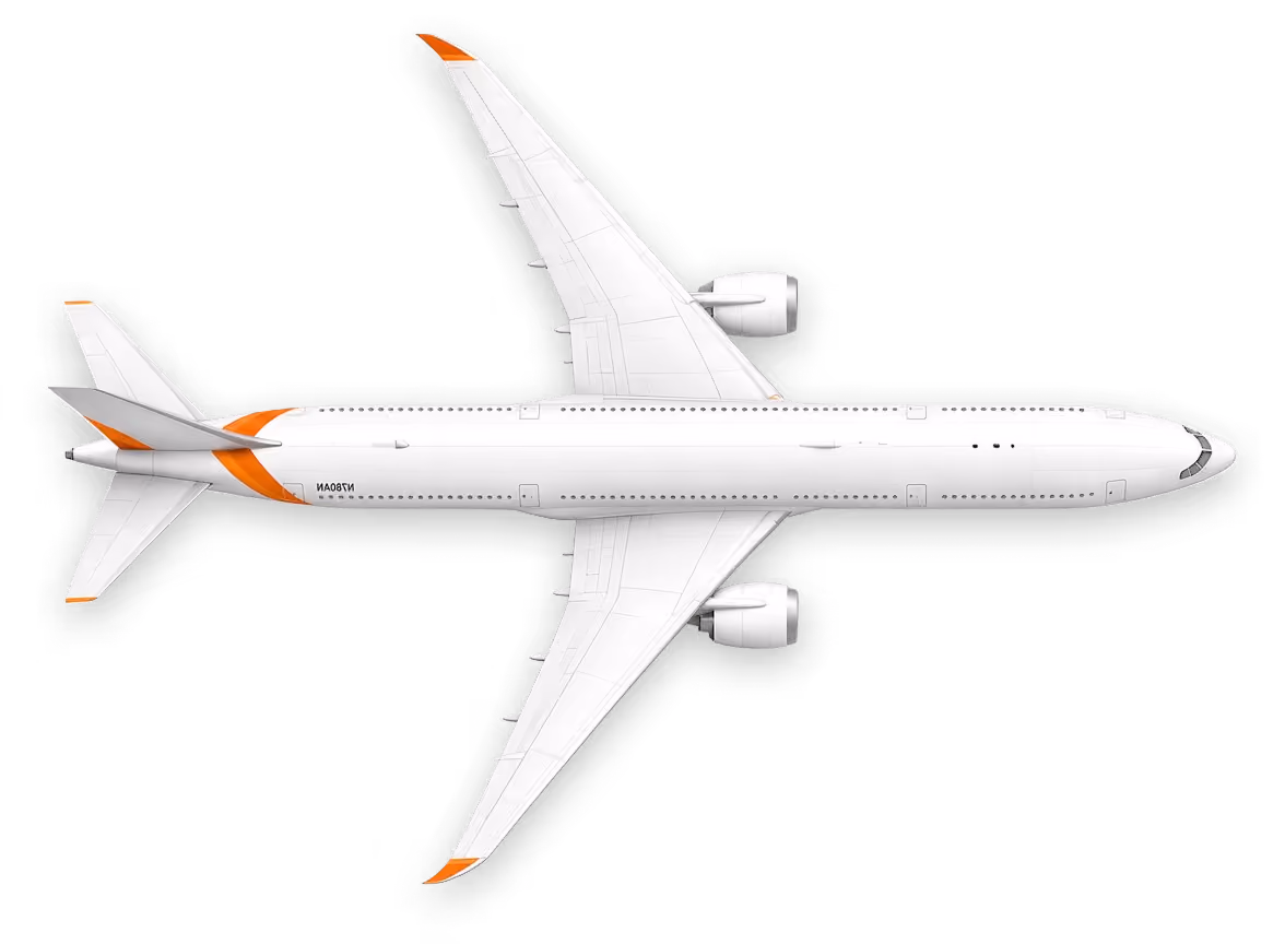 Top view of a white commercial airplane with orange accents on the tail and wing tips, featuring two engines mounted under the wings.