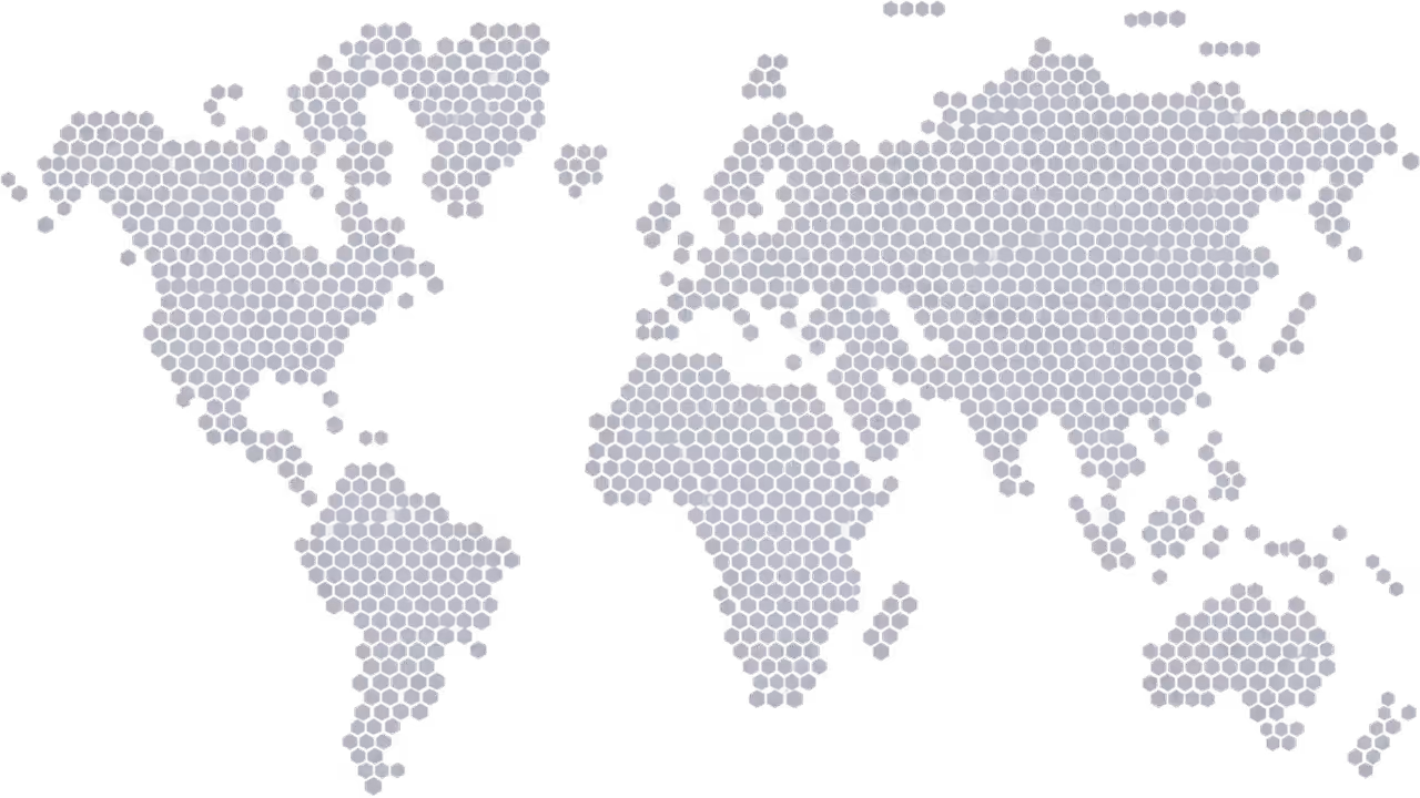 World map composed of small hexagonal cells forming continents including North and South America, Africa, Europe, Asia, and Australia on a transparent or black background.