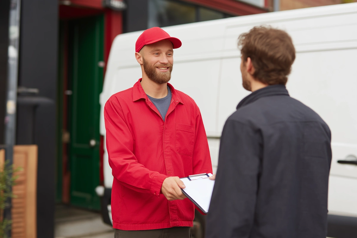 Smiling delivery man in red uniform and cap handing a clipboard to a customer standing outside near a white delivery van.