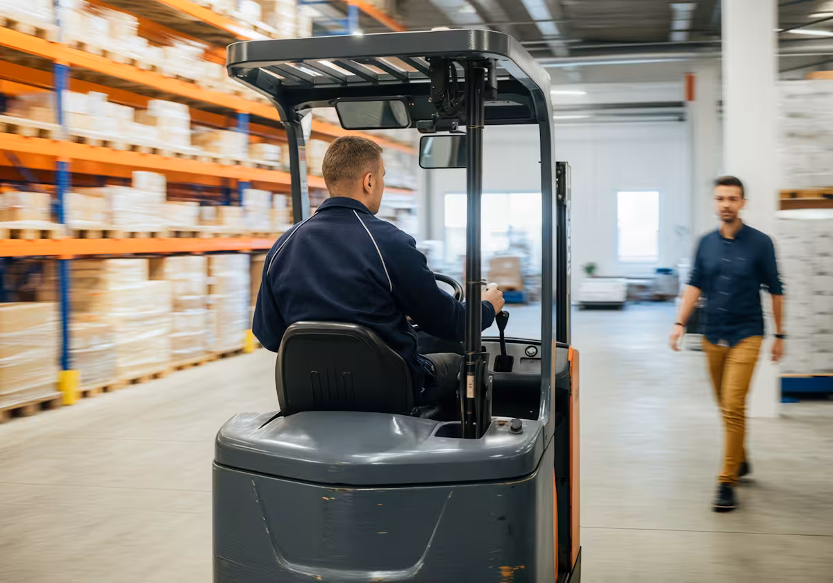 Man operating a forklift inside a warehouse with shelves stocked with boxes, while another man walks nearby.