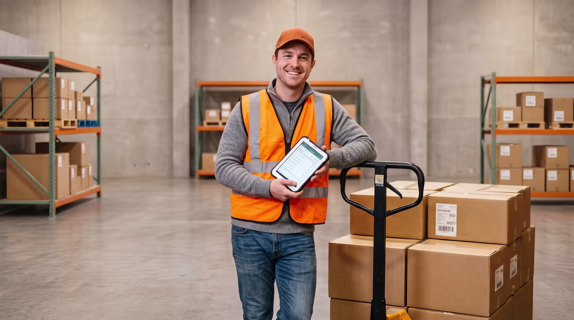 A smiling warehouse worker holding a digital tablet next to cardboard boxes stacked on a pallet jack