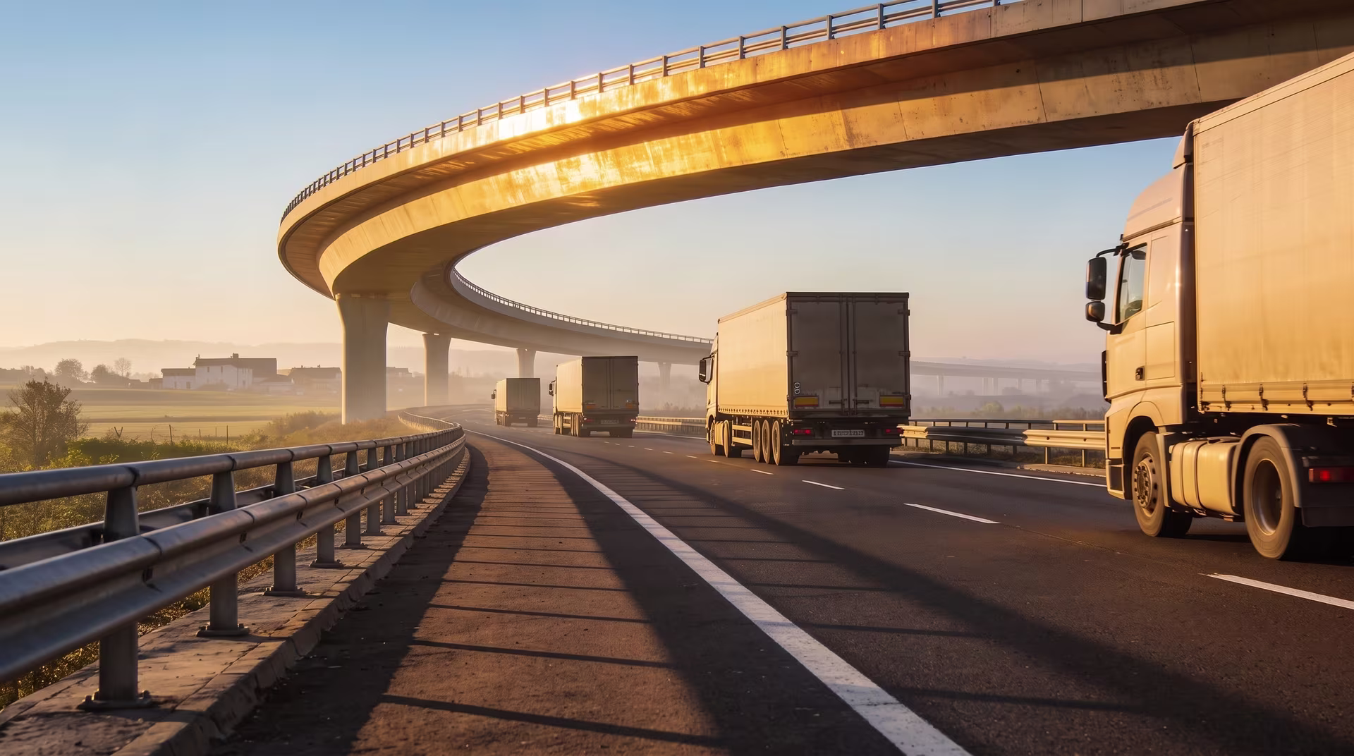 Cargo semi-trucks driving on a highway under an elevated curved overpass bridge during golden hour