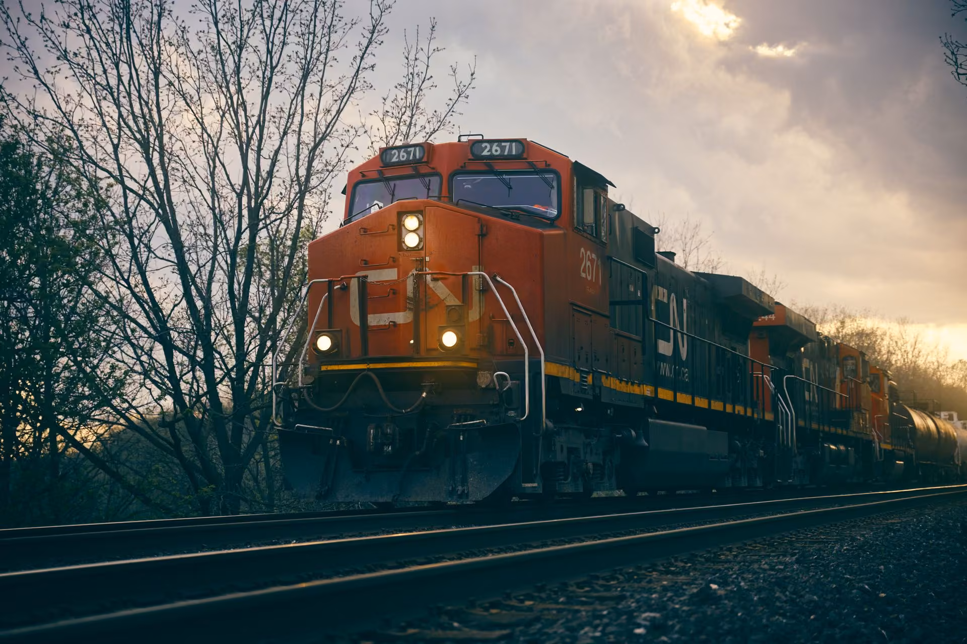A red and black freight train running along railroad tracks under a cloudy sky