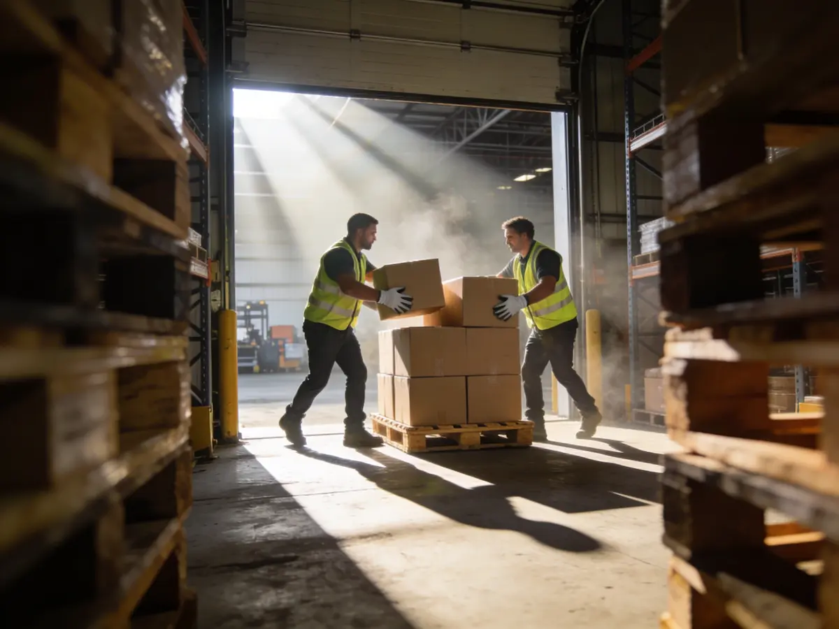 Two warehouse workers in safety vests stacking cardboard boxes onto a wooden pallet near an open loading dock door with sunlight streaming through