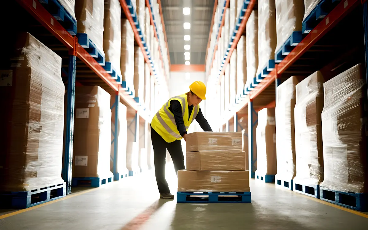 A warehouse worker in a yellow hard hat and safety vest arranging stacked cardboard boxes on a blue pallet in a high-bay storage aisle