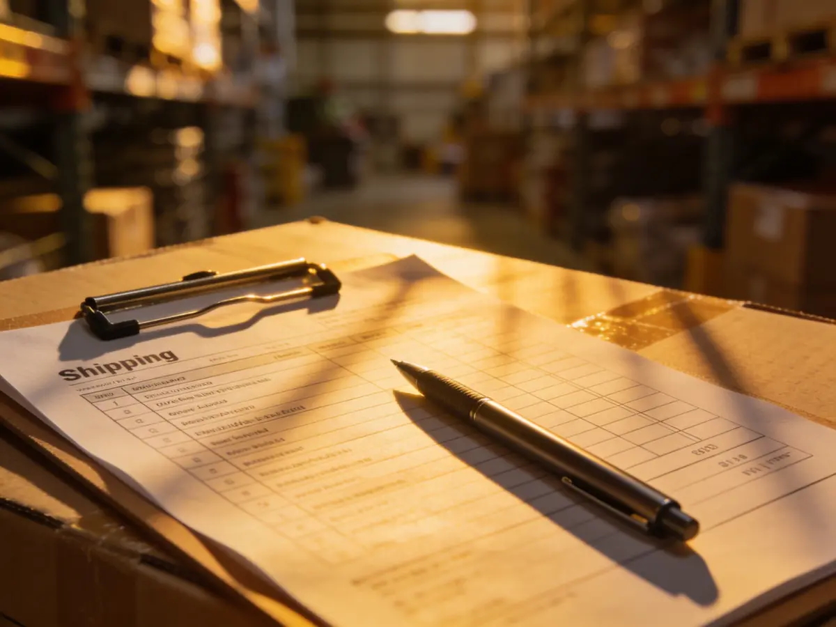 Close-up of a shipping document form on a clipboard with a pen lying on top of a cardboard box in a warehouse