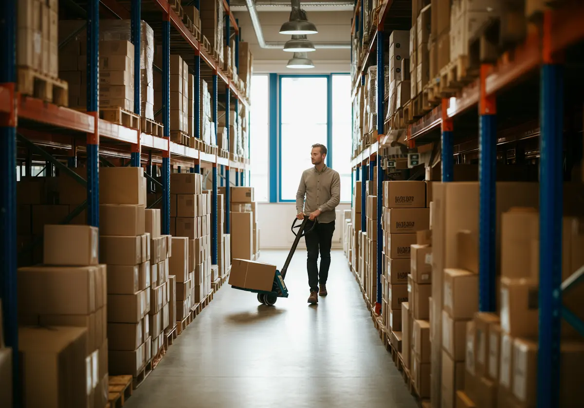 A male warehouse worker pulling a hand pallet jack loaded with cardboard boxes down a long aisle of tall storage racks