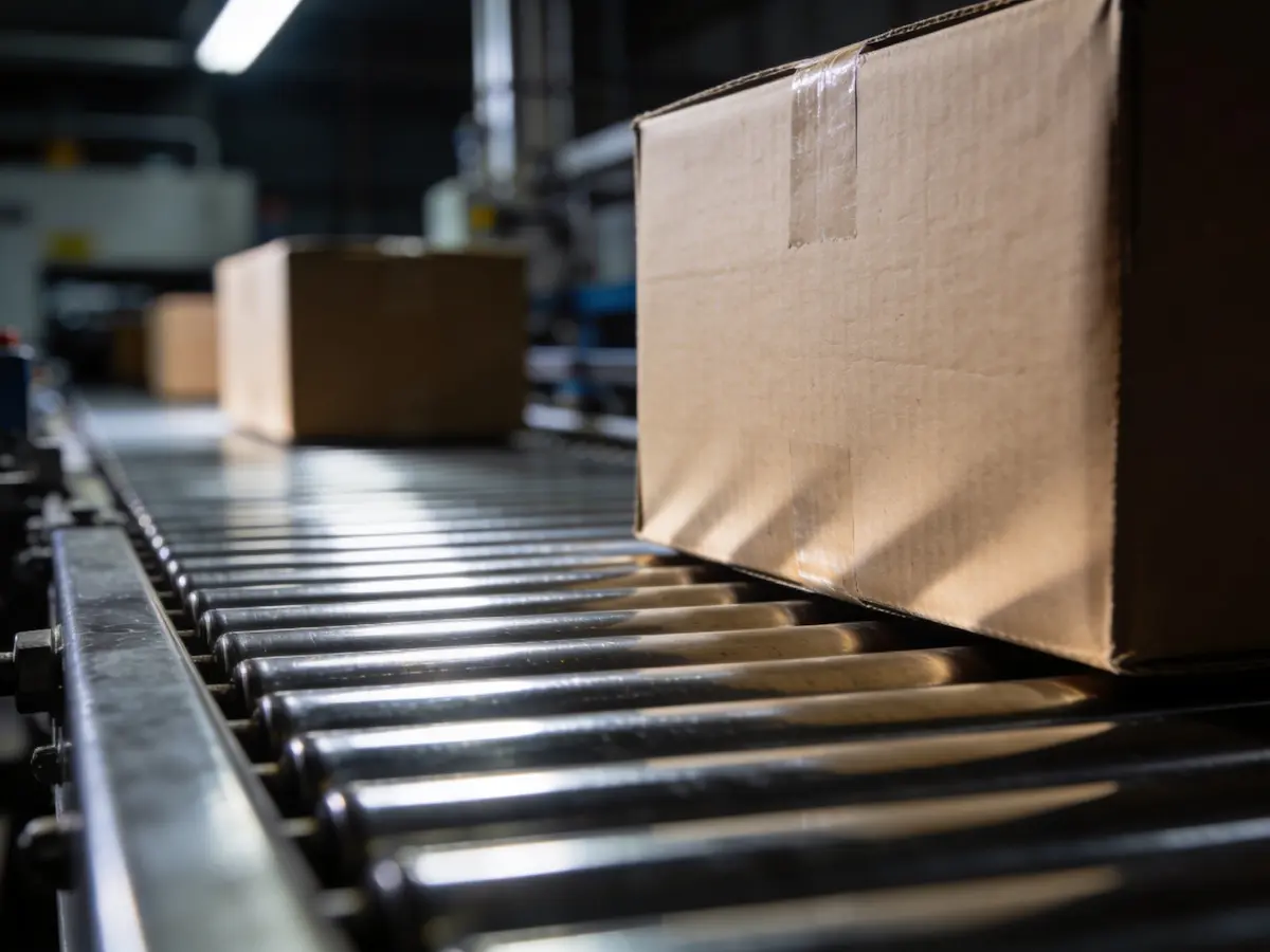 Sealed cardboard packages moving along an automated roller conveyor belt inside a distribution center