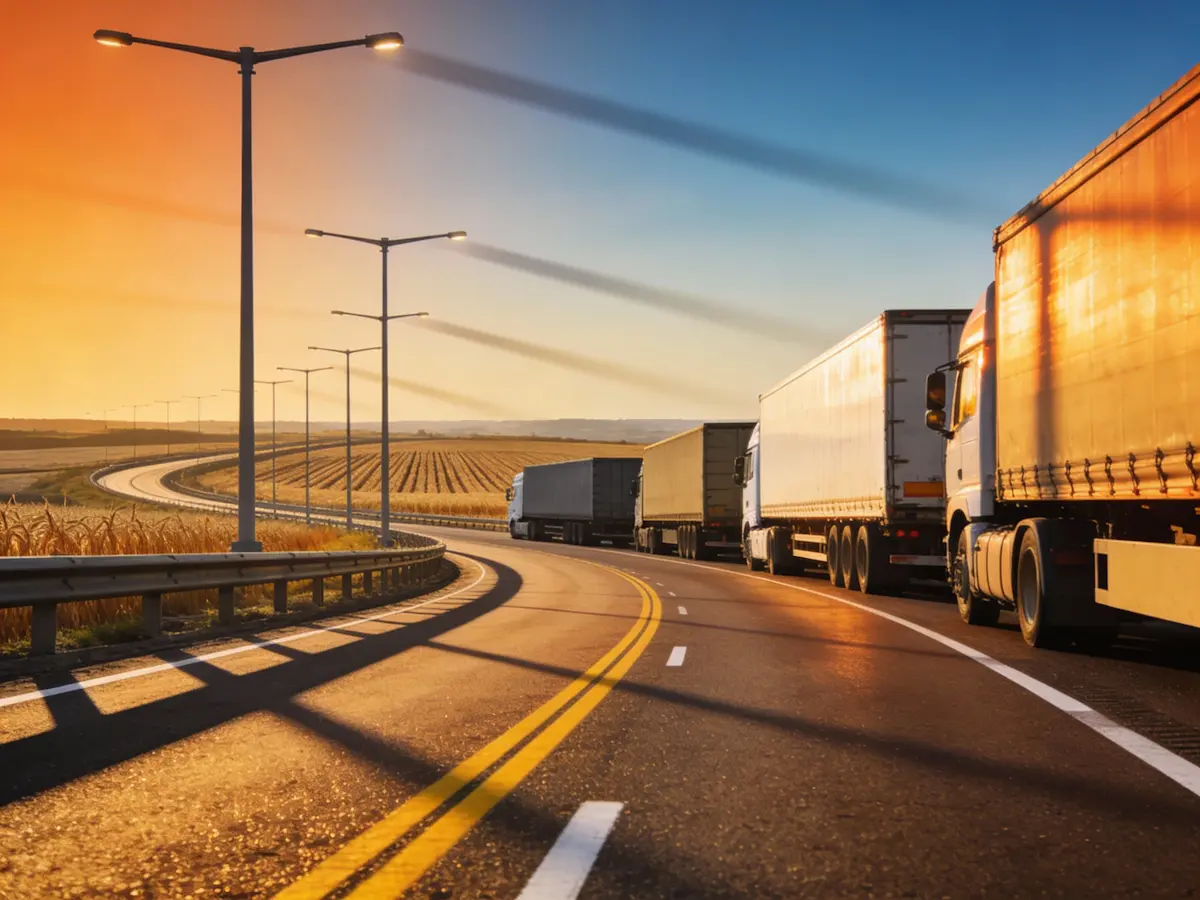A convoy of semi-trucks driving along a curved highway lined with streetlights next to agricultural fields during a warm sunset