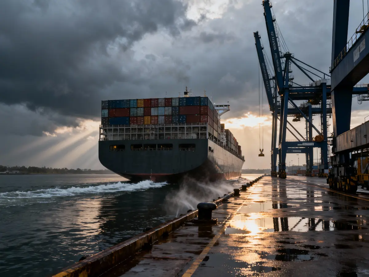 A large container ship departing a port dock next to tall industrial cranes under a dramatic cloudy sunset sky