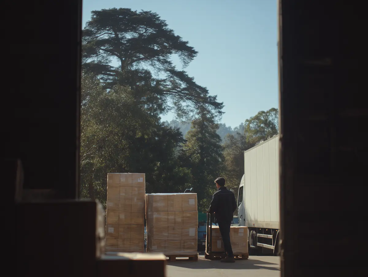 View from inside a dark doorway looking out at a worker pushing a pallet jack near stacked cargo and a white delivery truck