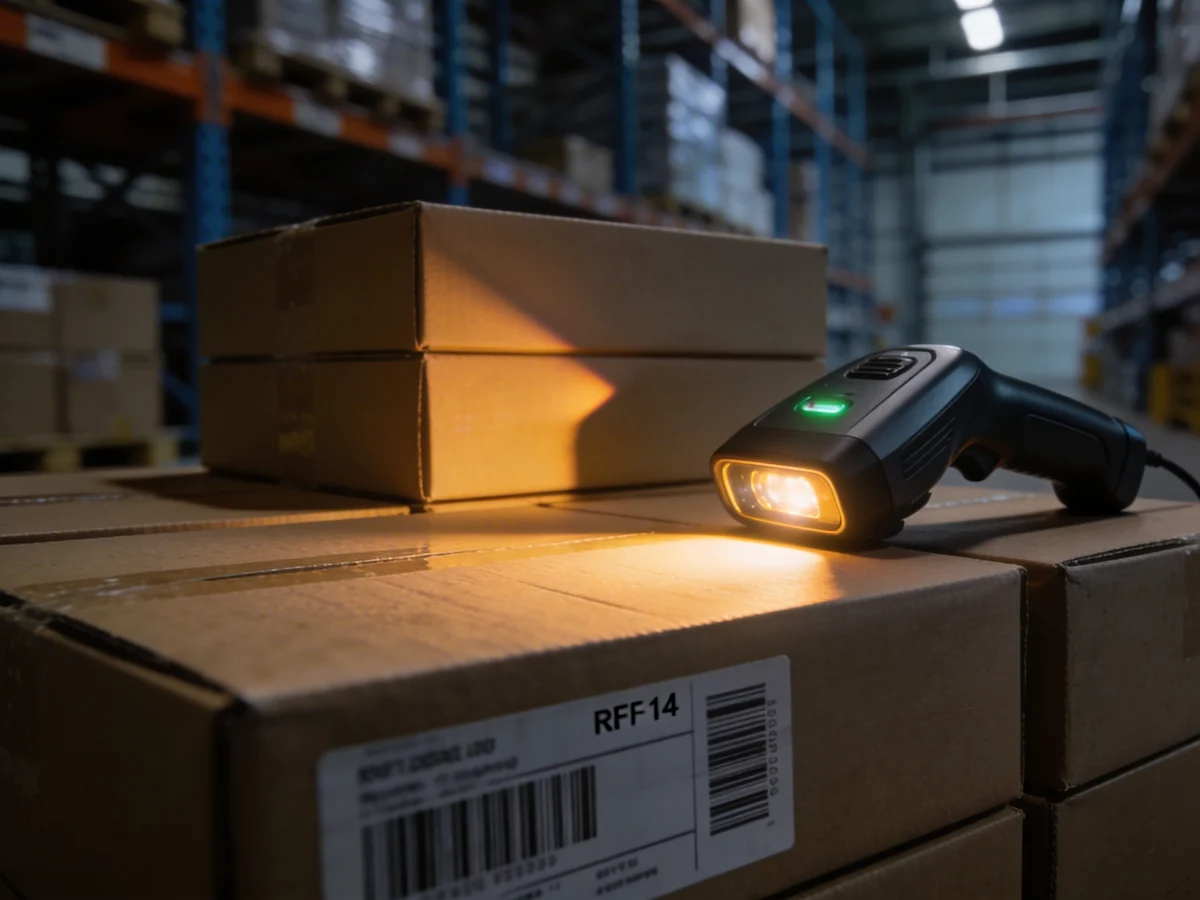 A handheld barcode scanner emitting warm orange light onto cardboard packages with shipping labels inside a warehouse